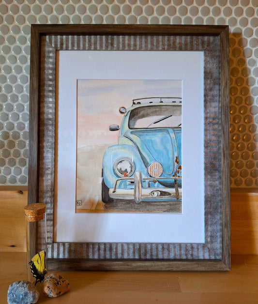 "VW Beetle" watercolor painting framed 14"x17"